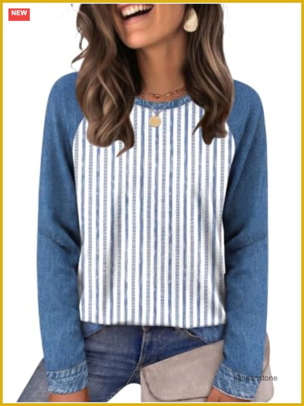 Womens Long Sleeve Crewneck Striped T-Shirt Soft Stretch Fall Winter Top